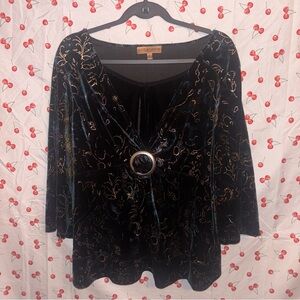 Y2k Velvet Blouse with Gold Floral Design